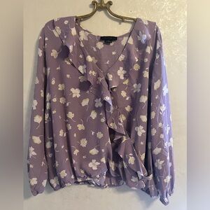 Lavender and White Floral Ruffle Neck Blouse